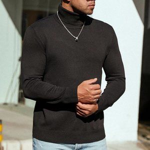 Casual Black Men Solid Turtleneck Sweater